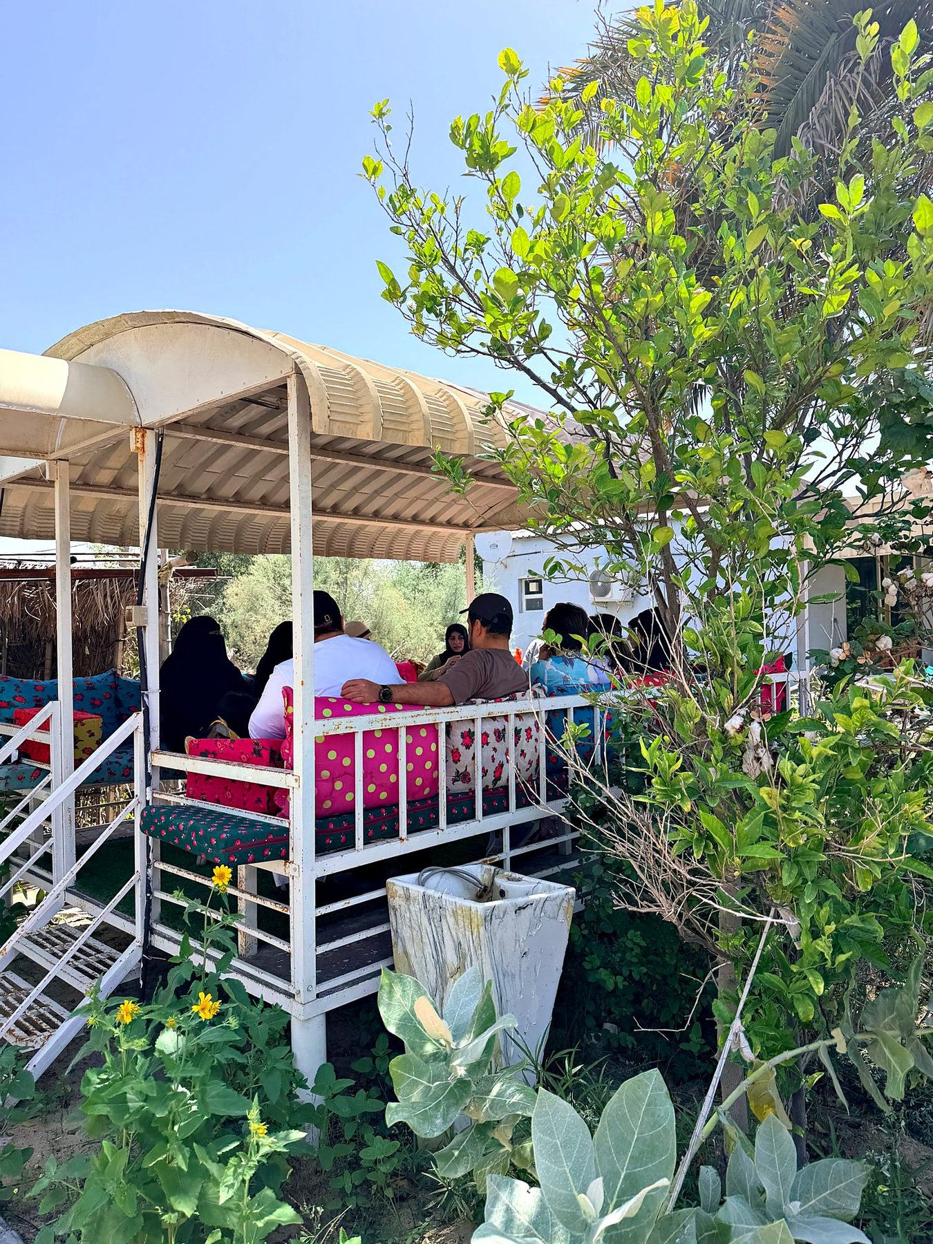 Guests settling into the garden majlis before the visit