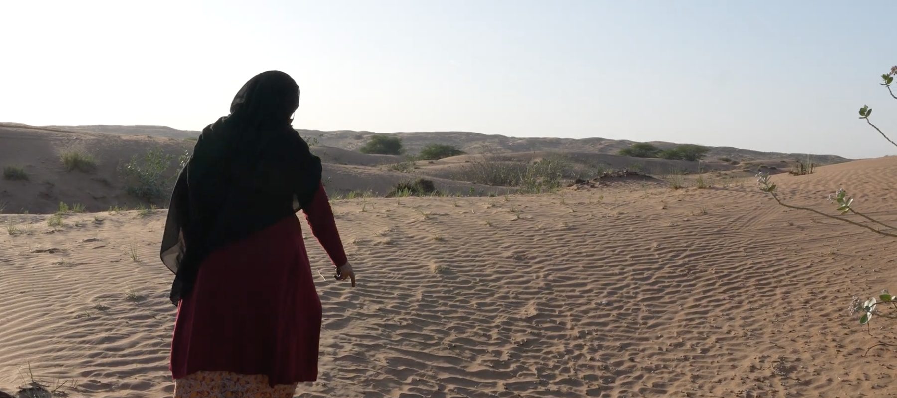 Umm Saif walking across the dunes, pointing at tracks in the sand